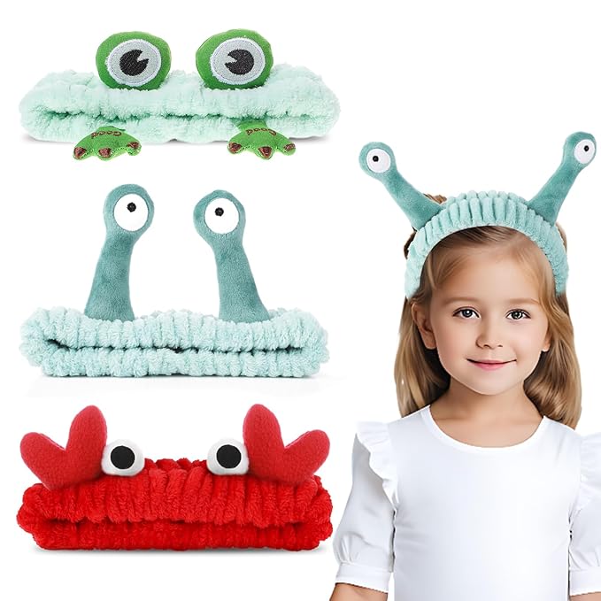 WLLHYF 3 Pack Spa Headband Face Wash Hairband Facial Makeup Head Wraps Cartoon Elastic Head Band Cute Frog Snail Crab Shower Headband Creative Hair Accessories for Beauty Skincare Sports