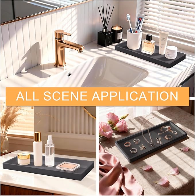 Bathroom Vanity Tray, Silicone 11.8 x 5 Inch Bathroom Counter Tray Decor, Extra-Large Bathroom Trays Holders and Organizers for Toilet Top, Dresser, Waterproof Decorative Tray, Grey
