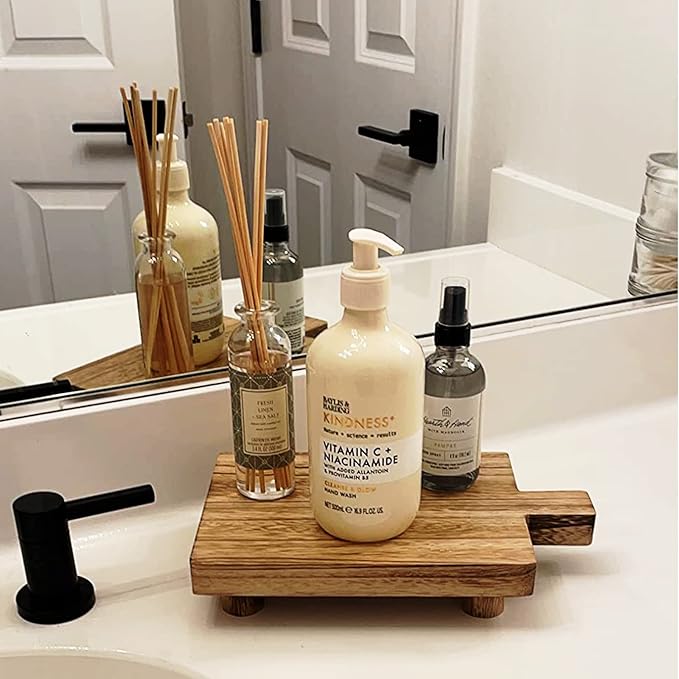 2 Pcs Handmade Wooden Tray,Practical Bathroom and Kitchen Decoration for Soap,Bath Bottles,Candles,Toilet Paper,Plant Holder(10.8 x 6.9 Inch)(Wood Color)