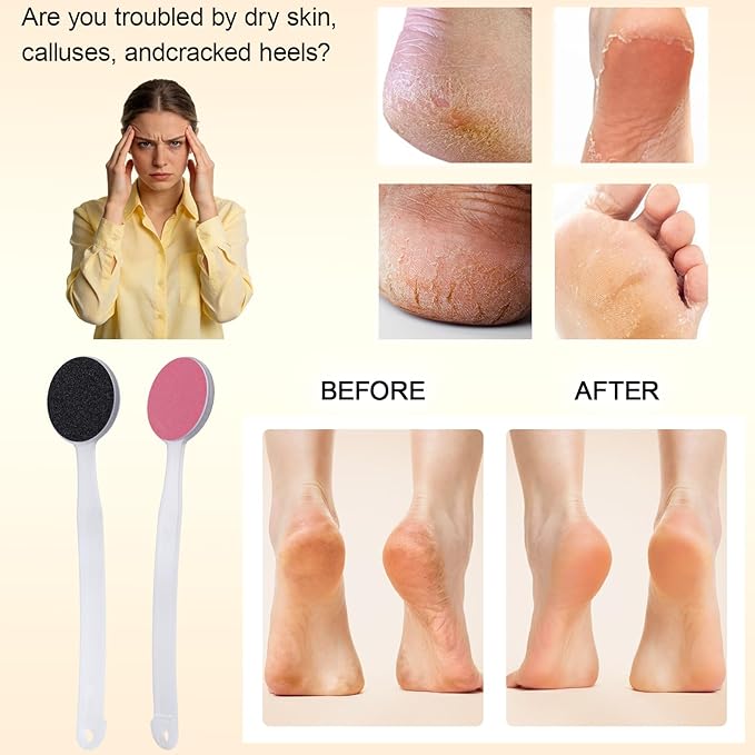 2Pcs Foot File Callus Remover 13.7" Long Handle, 2-in-1 Foot Scrubber with Coarse and Fine Sand Paper Pedicure Tool for Cracked Heels, Dry & Dead Skin, Soft Smooth Feet, Clear White