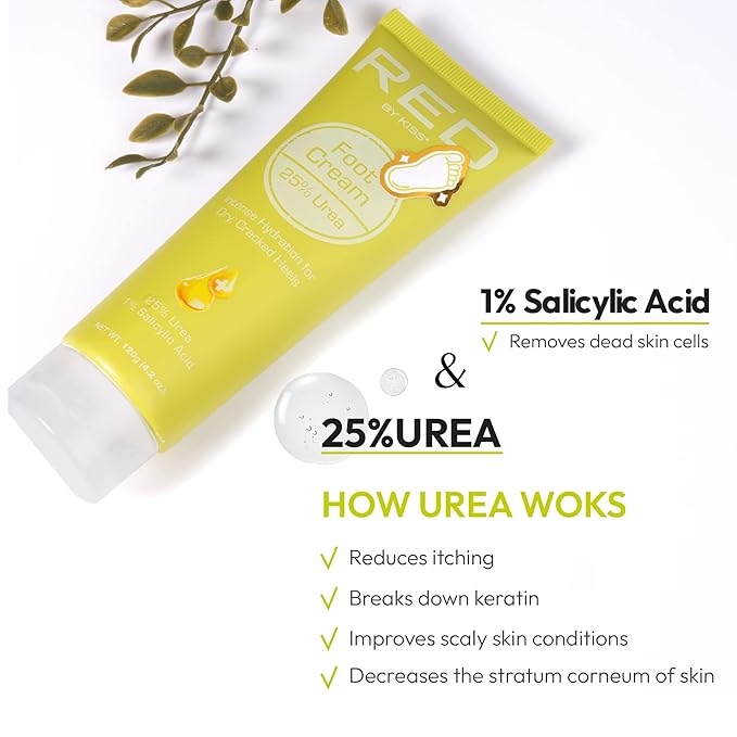 Red by Kiss 25% Urea Foot Cream- Ultra Hydrating Foot Cream with Salicylic Acid for Dry and Cracked Heels, Non-Greasy Formula 4.2 oz