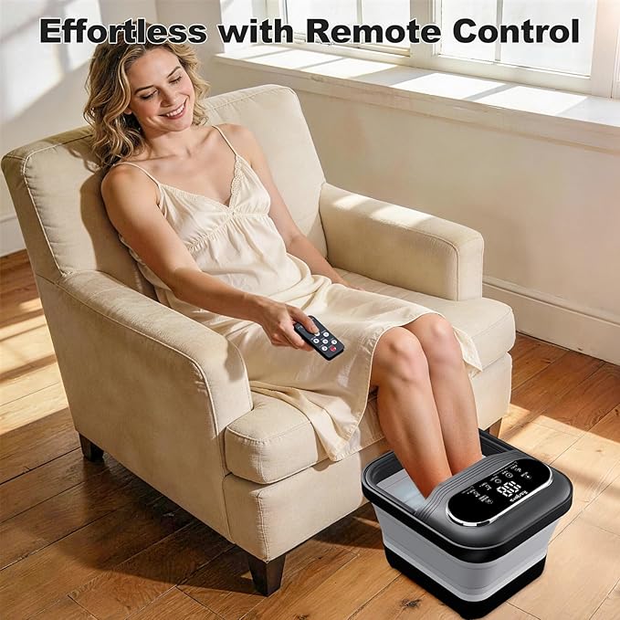 Ranjova Collapsible Foot Spa Electric Rotary Massage, Foot Bath with Remote Control, Heat, Bubble, Temp Control, and 24 Motorized Shiatsu Massage Balls, Pedicure Foot Spa Tub for Stress Relief (Black)