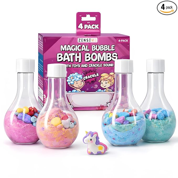 Kids Bath Bombs Powder with Mini Unicorn Inside – Bubble Bath for Kids – Bathtime Experiment Kit Mix - Blast of Foam & Colour Surprise – Gift Set of 4