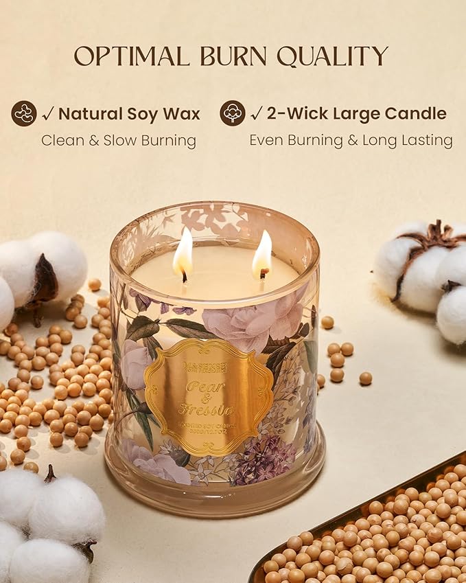 M&SENSE Pear Freesia Spring Natural Soy Wax Candle, 12.7oz 75H Large Jar Slow Burning, Stress Relief Aromatherapy, Romantic Perfect Present for Mom Her
