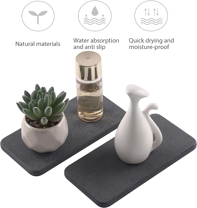 NiuYichee 2 Pcs Water Absorbing Stone Trays, Kitchen/Bathroom Sink Soap Dish, Diatomite Tray Used for Hand Soap & Cosmetic Bottles in The Modern Home, 3.5" W x 7.1" L, Dark Gray