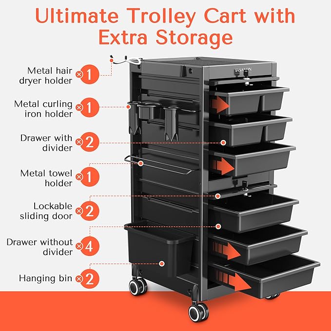 TASALON Professional Rolling Salon Cart, 6-Drawer Storage Trolley with Tool Holders, 33-Inch Height,Barber Shop Hairdressing Beauty Versatile Equipment Black