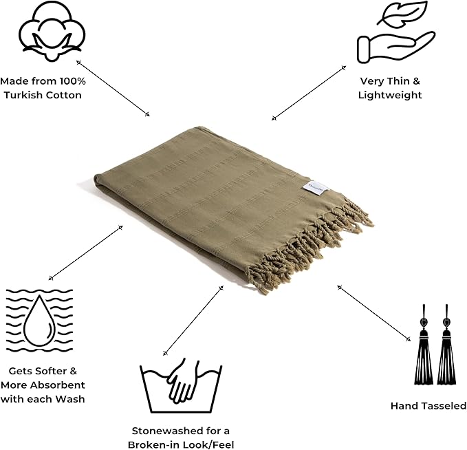 InfuseZen Stonewashed Turkish Bath & Beach Towel –100% Organic Turkish Cotton - Soft, Lightweight, Absorbent - Quick Dry, Sand Free - Swim, Pool, Shower, Travel - Peshtemal, Hammam Spa Towel - Khaki