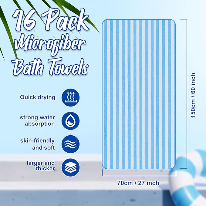 SmoothNovelty 16 Pack Microfiber Bath Towels Bulk 27'' x 60'' Oversized Size Bath Towel Highly Absorbent Extra Large Soft Drying for Beach Shower Summer Salon Sport Gym Party (Stripes,Light Blue)