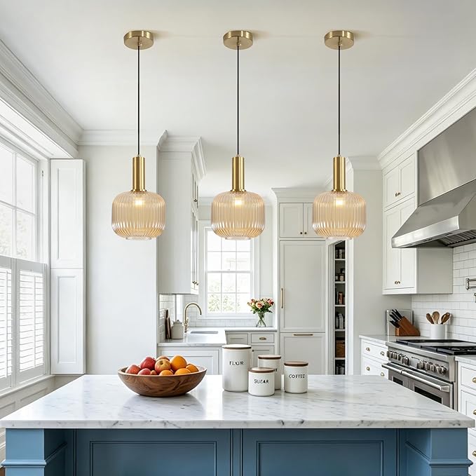 KCO Lighting Amber Glass Globe Pendant Light Mid Century Modern Kitchen Island Pendant Lighting Gold Single Pendant Light Fixture Vintage Brass Hanging Ceiling Light for Living Room Dining Room