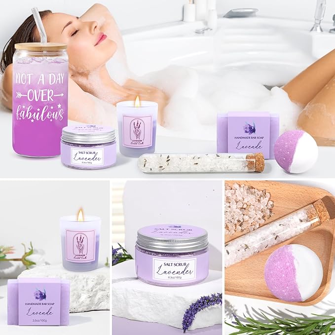 Mothers Day Gifts for Mom, Spa Baskets for Women, Birthday Gifts for Women, Lavender Gift Set, Relaxing Spa Kit Box, Bath and Body Box for Her Mom Wife Sister, Friends, Self Care Gift for Woman