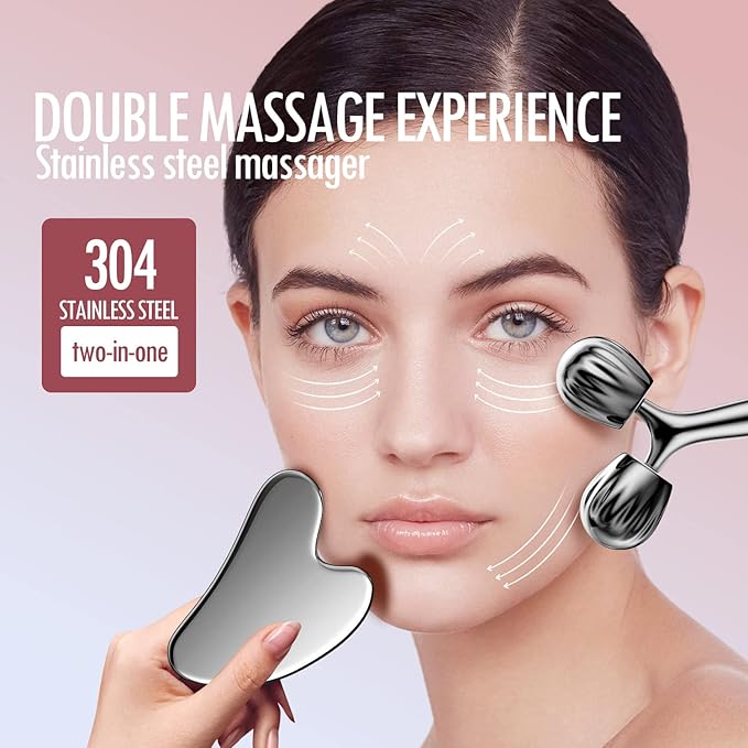 DANGSHAN Gua Sha Facial Tools & Face Roller Set, Face Massager, Lymphatic Drainage Massager, Face Sculpting Tool, Guasha Tool for Face, Ice Roller for Face & Facial Lymphatic Drainage Tool (Silver)