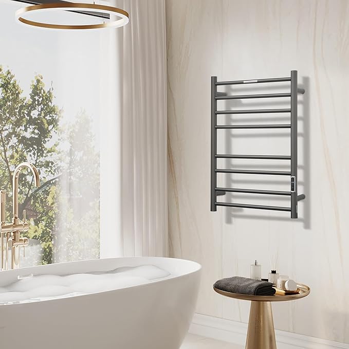 Electric Heated Towel Warmer - Wall Mounted Bathroom Towel Rack, Plug-in Design & Brushed Stainless Steel Finish 8 Bar Gunmetal with Timer & Temperature Control