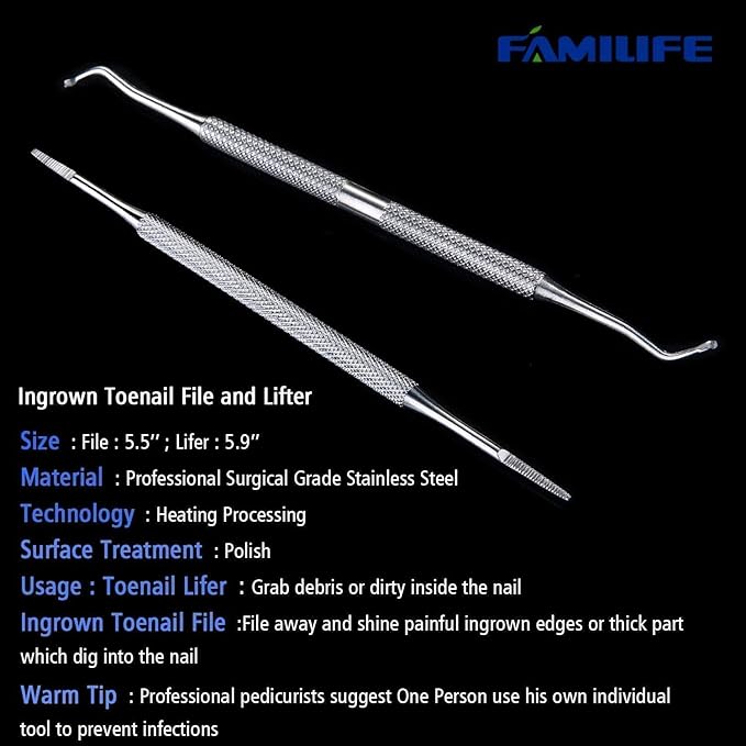 FAMILIFE Ingrown Toenail File and Lifter, 2 pcs Ingrown Toenail Tool Double Sided with Storage Case Professional Corrector 100% Stainless Steel Removal Pedicure Kit, Ideal for Home, Travel, Salon Use