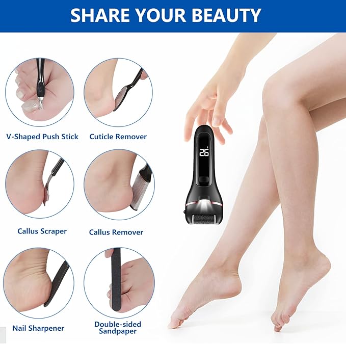 zikillya® Electric Foot Callus Remover, 16 Pack Foot File Pedicure Kit Tools,Waterproof Foot Scrubber Dead Skin Remover with 3 Roller Heads & 2-Speed Power Pedicure Tools for Feet Hands Heel (Black)