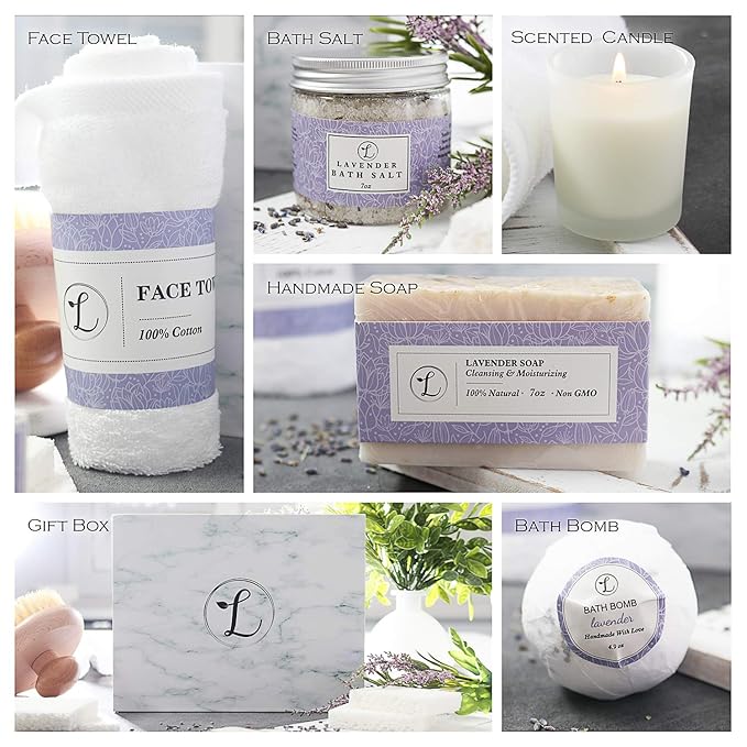 Spa Gift Set 100% Natural, Gift Box Includes: Bath Bomb, Bath Salt, Hand Soap, Scented Candle, Face Cloth and Gift Box. Best Gift for Her. (Lavender)