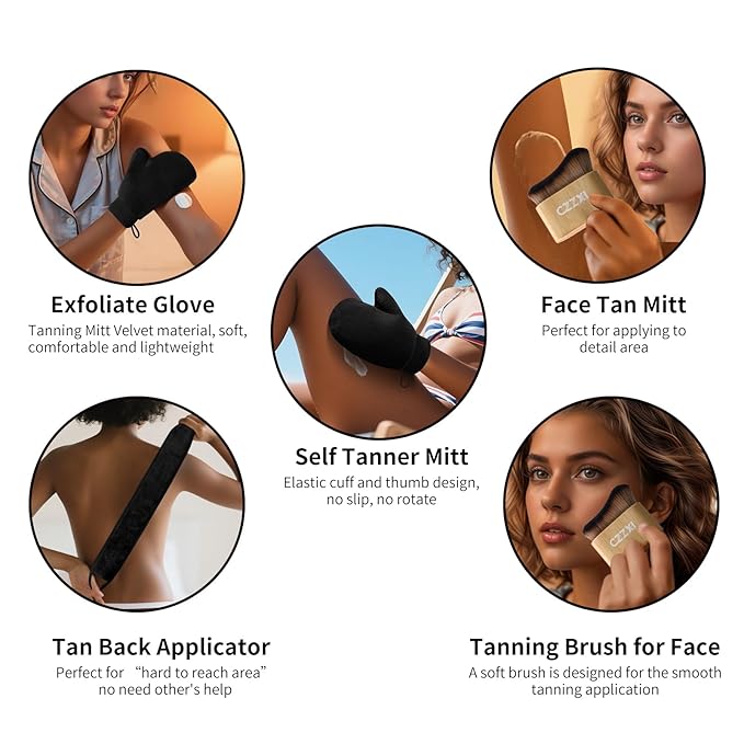 CZZXI Tanning Mitt, Body Brush & Back Tanner Applicator Kit – Self-Tan Applicator for Body, Face & Hard-to-Reach Areas | Includes Storage Pouch