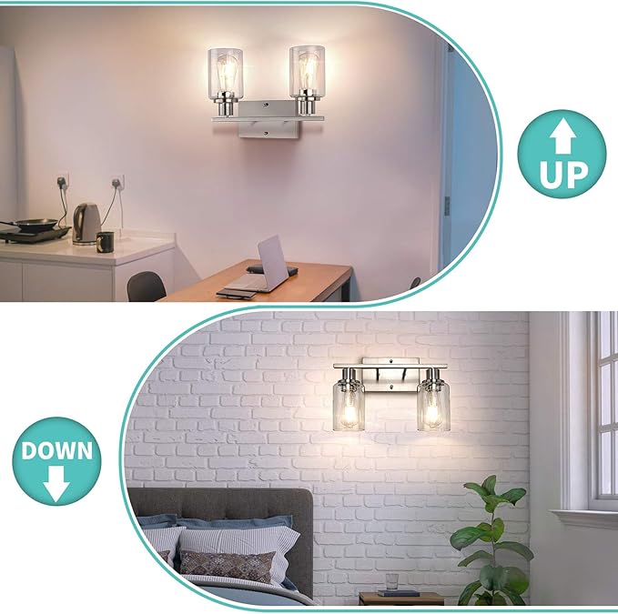 ShineTech 2-Light Bathroom Vanity Light Fixture, Brushed Nickel Bathroom Light Fixtures Over Mirror, Modern Wall Mounted Bathroom Lighting with Clear Glass Shade for Bathroom, Bedroom, Hallway