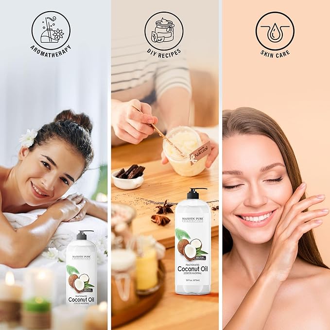 Majestic Pure Fractionated Coconut Oil - Relaxing Massage Oil, Liquid Carrier Oil for Diluting Essential Oils - Skin, Lip, Body & Hair Oil Moisturizer & Softener - 16 fl oz (Pack of 2)