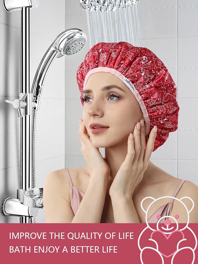 Years calm Terry Lined Shower Cap, Triple Layer Heart Motifs,Waterproof Reusable Elastic,Hair Shower Cap for Women,Terry Cloth Shower Caps for Spa,Clean,Trave (Red, One Size)