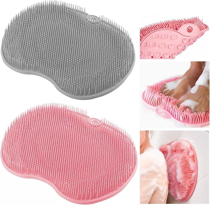 2-Pack Shower Foot Scrubber Mat, Strong Grip Silicone Back and Foot Washer with Suction Cups, No Bend Deep Clean Massage Pad for Seniors, Men, Women