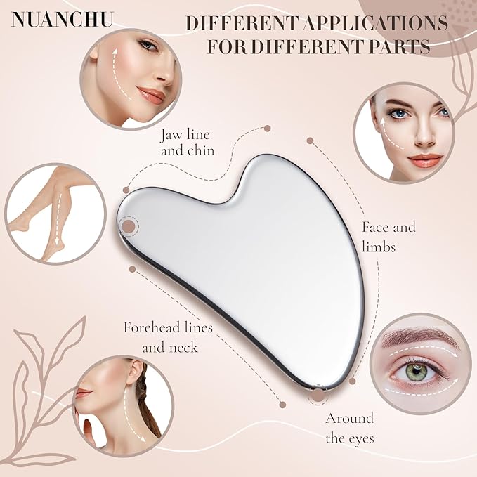Nuanchu Stainless Steel Gua Sha Facial Tool, Metal Gua Sha for Lymphatic Drainage, Guasha Face Sculpting Double Chin Reduce with Pouch Mother Day Self Care Gift(Silver)