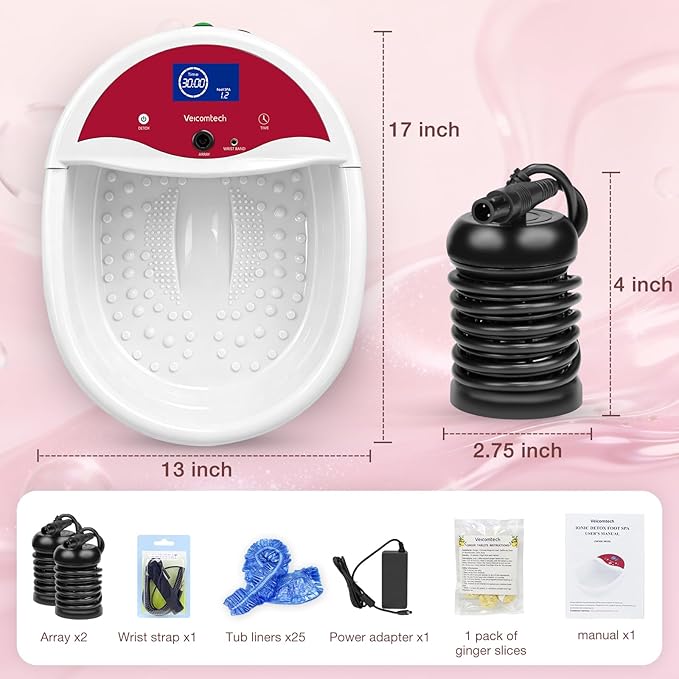 veicomtech Ionic Foot Bath Detox Machine, Foot Detox Machine, Ionic Foot Spa Kit with 10 Ginger Tablets 2 Arrays 25 Tub Liners for Home use or Salon