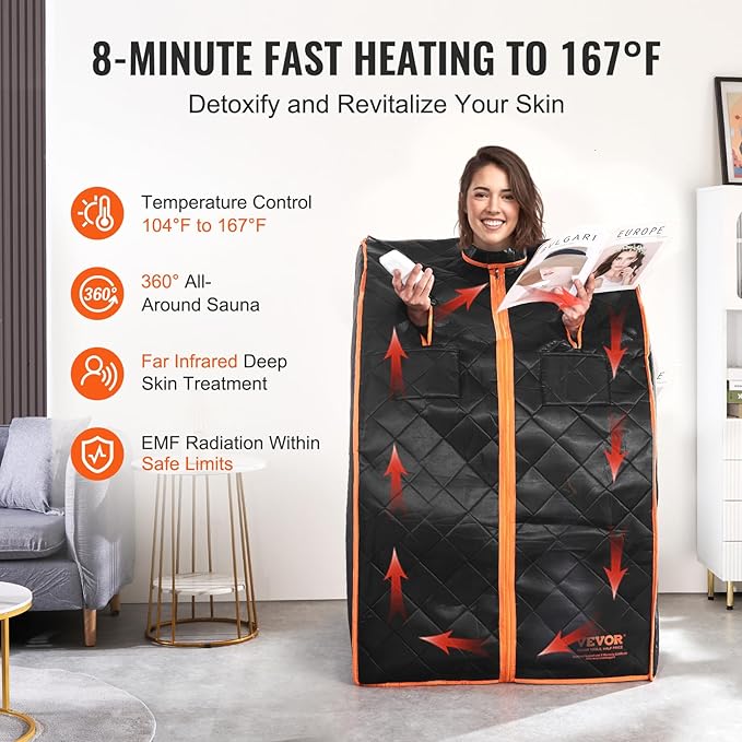 VEVOR Infrared 1050W Portable Sauna Tent Personal Sauna Kit for Home Spa, Detoxify & Soothing Heated Body Therapy, Time & Temperature Remote Control with Chair & Floor Mat, 2.2’x 2.6’x 3.2’