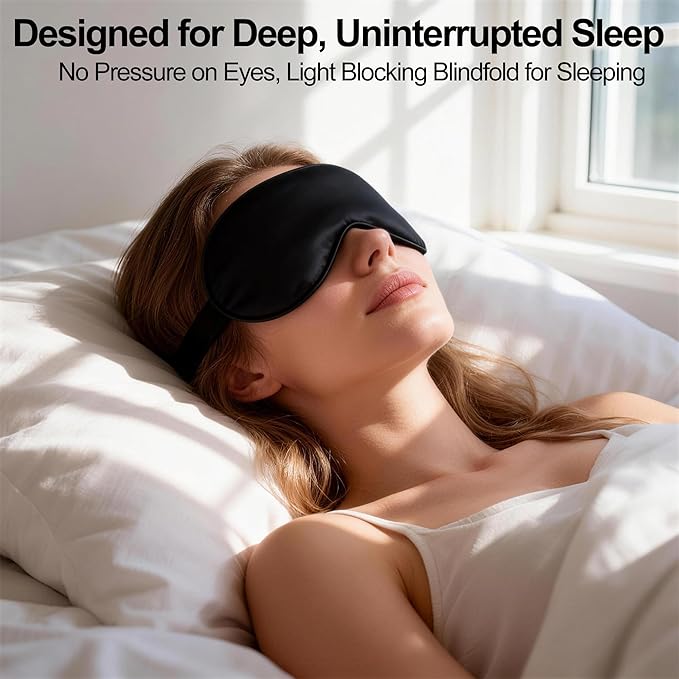 Silk Sleep Mask for Sleeping, Blackout Eye Mask with Adjustable Strap, Lightweight & Comfortable Blindfold for Women & Men, Includes Protective Laundry Bag for Eye Cover(Black)