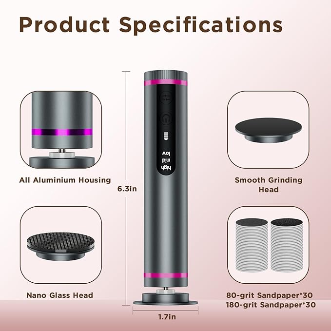 Electric Foot Callus Remover with Nano-Glass Head & 60Pcs Sandpaper Discs, 3 Hours Run Time, Electric Callus Remover for Feet with 3 Adjustable Speeds, Pedicure Tools for Dry Dead Skin Cracked Heels