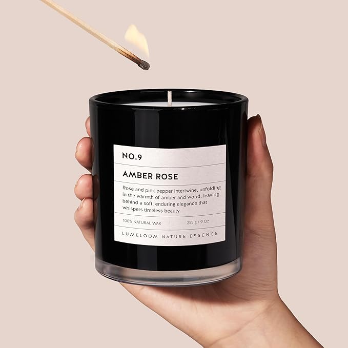 LUMELOOM Amber & Rose Luxury Scented Candles, 9oz Soy Wax Candles for Home Scented, Rose, Wood, Amber Scent, Long Burning Time, Gifts for Women, Men, Nurse, Mothers Day, Teacher