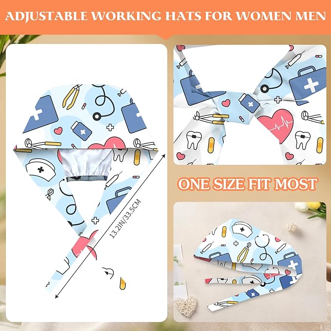Adjustable Scrub Cap with Buttons & Sweatband, Working Hat with Elastic Tie Back, Unisex Nurse Surgical Caps for Women & Men