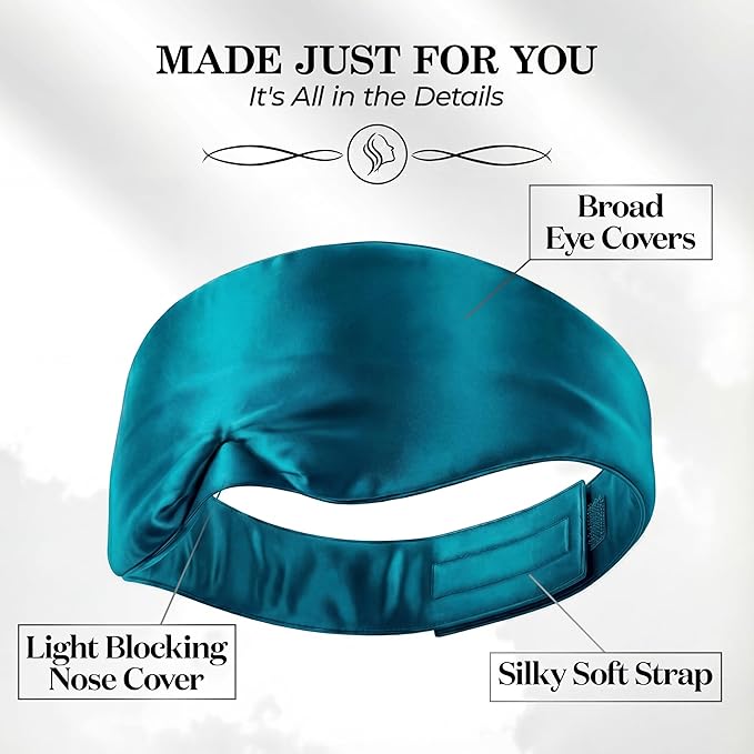 SLEEP SANCTUARY 100% Pure Mulberry Silk Sleep Mask - 22 Momme Light Blocking Hook & Loop Silk Eye Mask for Sleeping - Secure Fit for Side Sleepers, Women & Men - Cloud Soft (Peacock Blue)