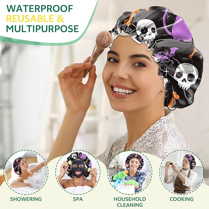 2 PCS Shower Cap Waterproof Double Layer Elastic Adjustable Reusable Hair Bath Caps for Girls Women Cute Aesthetic-Purple Red