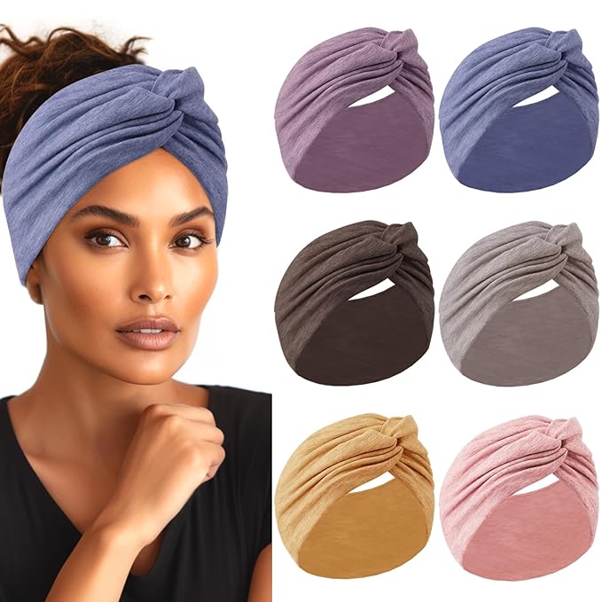 HAUHC Extra Wide Headbands for Women, 7'' Large Cotton Like Turban Knotted Bandana Head Bands for Women Non Slip, Boho Headbands for Women's Hair (6Pcs Bright Colors, Extra Large 7" Wide)