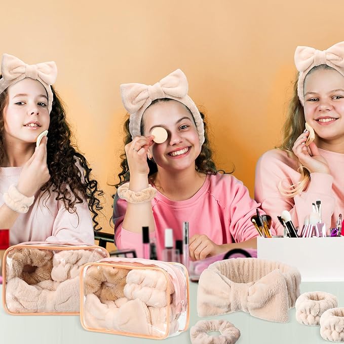 Hoteam 10 Pcs Spa Party Supplies Gift for Mother's Day Sleepover Party Favor Spa Headband Wristband Sleep Eye Mask Velvet Scrunchies for Skin Care Makeup Slumber Night Favor(Khaki)