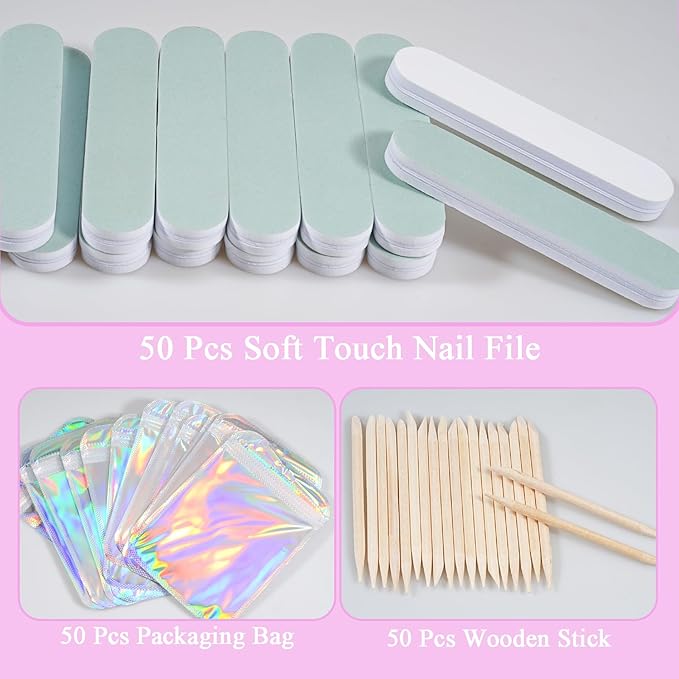 Disposable Manicure Kit Professional, 50 Set Press On Nail Tool Kit with Nail File, Nail Buffer, Nail Buffer Block, Nail Handle Brush, Wood Stick, Packaging Bag (Pink-50pcs)