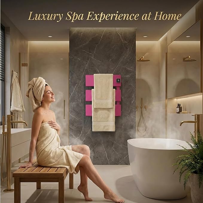 Electric Towel Warmer, Heated Towel Rack with Thermo Control and Timer, Fast Heating Towel Rail for Bathroom with Memroy Function, Work with Smart Plug, Right-Wiring, 3 Panel, Pink