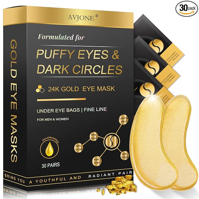 AVJONE 24K Gold Under Eye Patches (30 Pairs), Collagen Eye Masks for Dark Circles and Puffiness, Eye Patches for Women Puffy Eyes, Revitalizes and Refreshes Your Skin