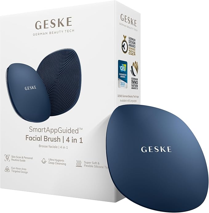 GESKE SmartAppGuided™ Facial Brush | 4 in 1 | Professional Facial Cleansing Brush | Skin Cleansing Silicone Facial Brush | Routine Skincare | Gentle Cleansing | Facial Cleanser