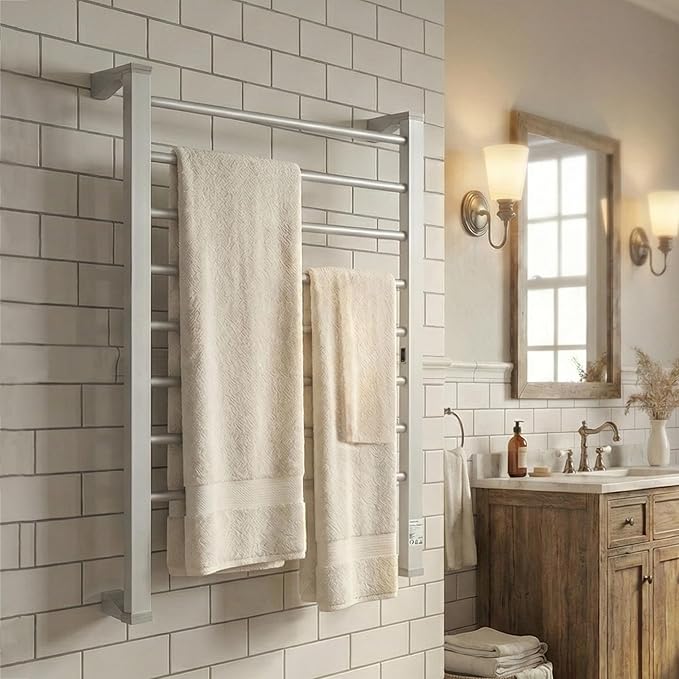 ELEGANTLIFE Fast-Heating Electric Towel Warmer for Bathroom, Heated Towel Rack with Timer & Auto Shut-Off, Aluminum 8-Bar Design, Freestanding or Wall-Mounted
