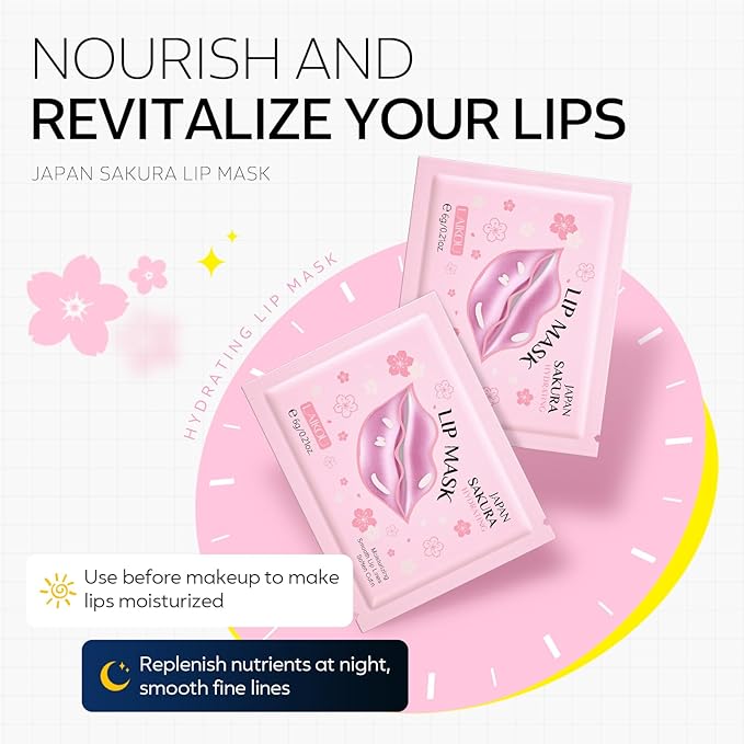 AKARY Sakura 5 Pieces Hydrating Lip Mask, Lip Sleep Mask Collagen Crystal Lip Care Gel Pads For Moisturizing, Minimize Fine Lines, Remove Dead Skin, Chapped Pads Lip Mask (5)