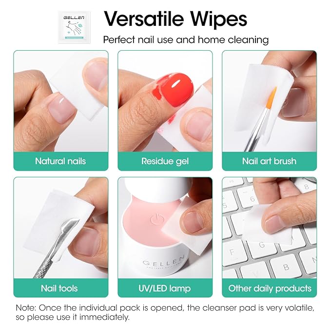 Gellen 400 Pack Nail Cleanser Pads and Acetone Nail Polish Remover Pad Kit, Professional Individually Wrapped, Quick Easy with Glycerin Moisturizing