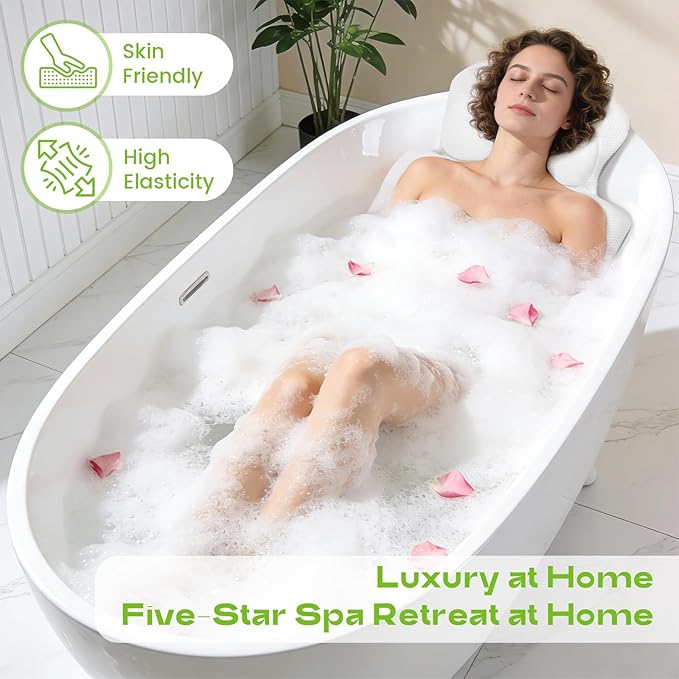 Luxury Full Body Bath Pillow for Tub - 4D Air Mesh Bathtub Cushion Mat with Extra Thick Neck, Back & Lumbar Support - Ergonomic Spa Pillow for Headrest & Shoulder Relief, Non-Slip, White