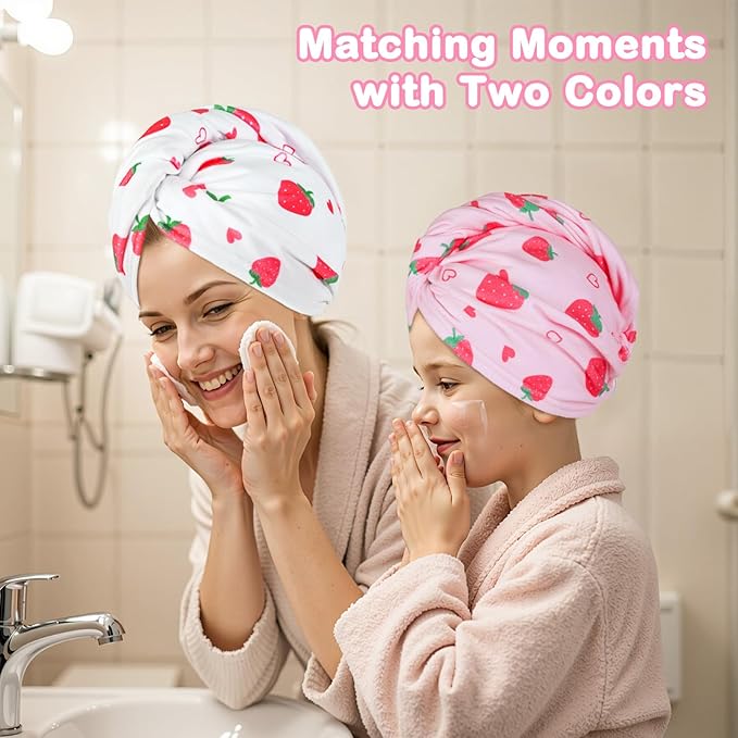 FIOBEE Microfiber Hair Towel Wrap for Kid Rapid Drying Towel Absorbent Hair Turbans for Wet Hair with Button Women Girls Long Curly Hair Pack of 2, Pink Strawberry