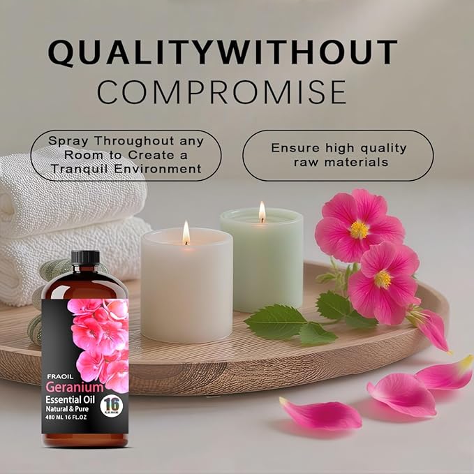 Geranium Essential Oil, Geranium Oil 16 Fl Oz 480 ML for Diffuser Humidifier Yoga Cleaning DIY Candle Soap Making Perfume Gift for Women Essential Oils FRAOIL (Geranium 16 Fl Oz (Pack of 1))