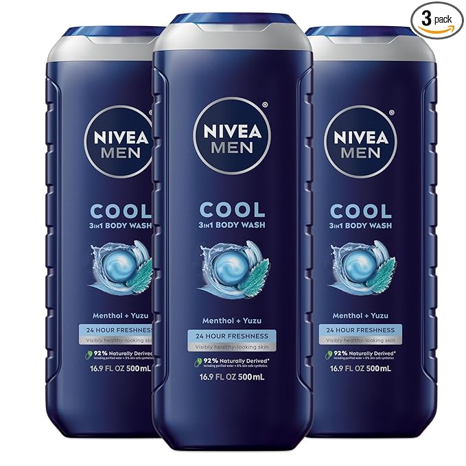 NIVEA MEN Cool Body Wash, Icy Menthol and Yuzu Scent, 3-in-1 Men's Body Wash, Face and Hair, Paraben Free, pH-Skin Friendly, 16.9 Fl Oz Bottle, Pack of 3