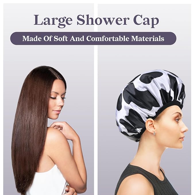 Black Cow Print Satin Shower Cap, Three-Layer Terry Cloth Lined, with Silk Hair Ties, Microfiber Waterproof Reusable Large Size Shower Cap for Women Long Thick Hair