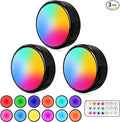 ILYXY LED Puck Lights with Remote, 3 Pack Under Cabinet Lighting, Battery Operated Push Light, Dimmable & Color Changing Tap Lights, Stick-On, Shiny Black