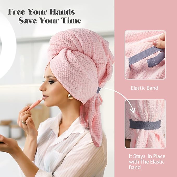 MABAO Microfiber Hair Towel Wrap for Women, Quick Dry Hair Turban Towel with Elastic Band, Microfiber Plopping Towel for Curly Hair, Stocking Stuffers for Women (Pink)