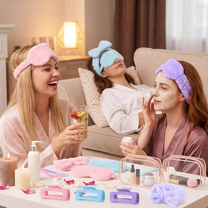 Hoteam 24 Pcs Spa Party Favors Supplies 6 Spa Headband 6 Plush Sleep Eye Mask 6 Hair Claw Clips 6 Clear Cosmetic Bags for Adult Sleepover Slumber Party Graduation Gift(Pink,Blue,Purple)